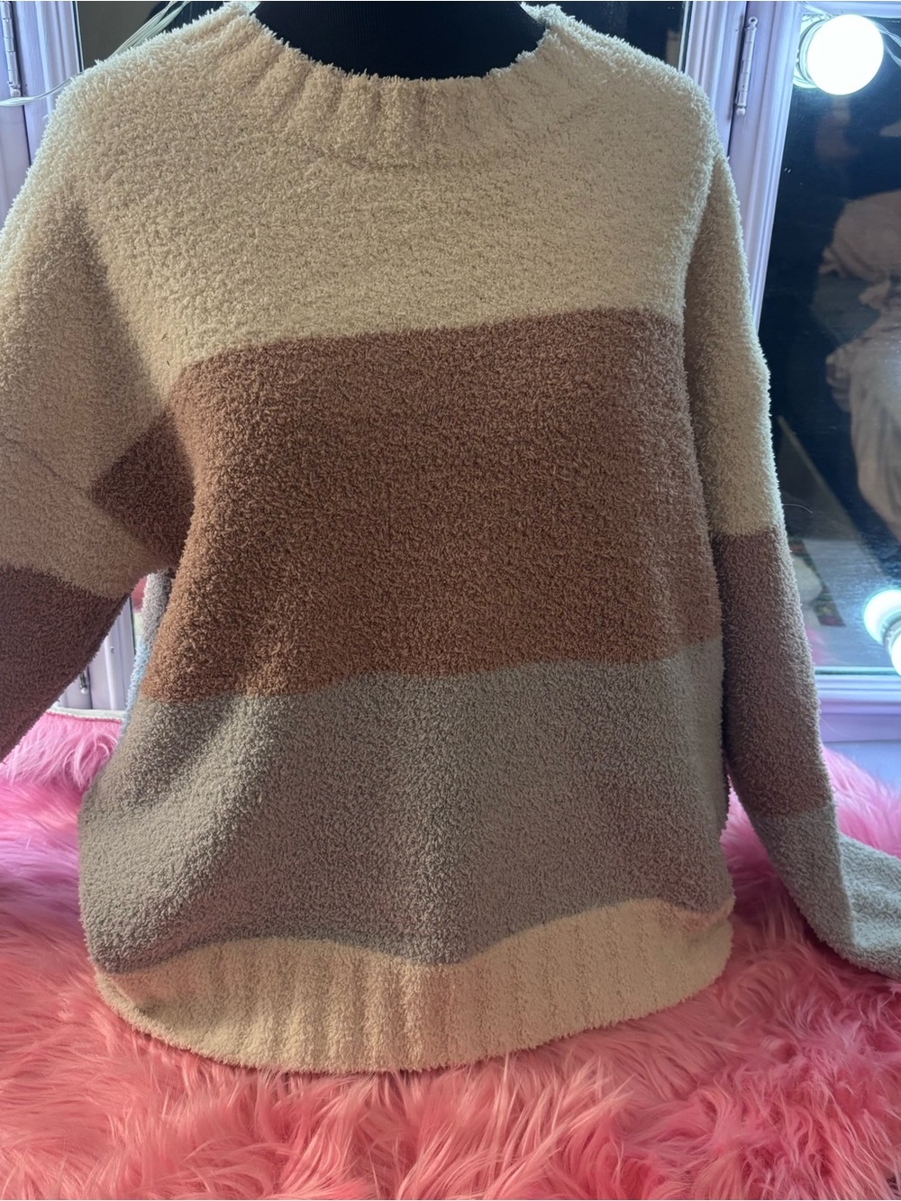Striped Crewneck Plush Sweater in Cream and Brown
